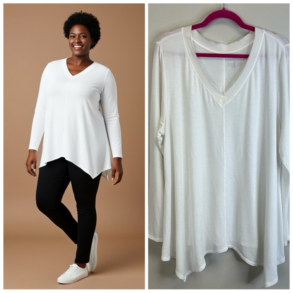 White Sheer Long Sleeve V-Neck Shark Bite Top Classic Minimalist Boho Size 18/20